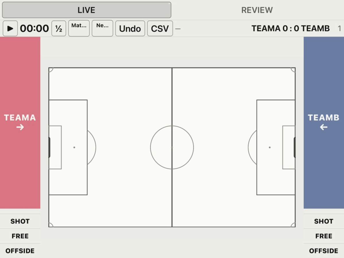Live match: soccer pitch between team side bars for shots, frees and offsides