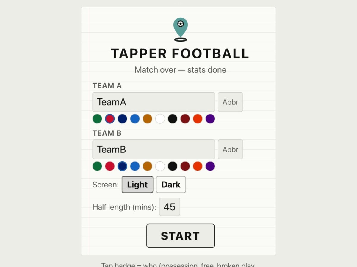 Match setup: team names, jersey colours, half length, and START